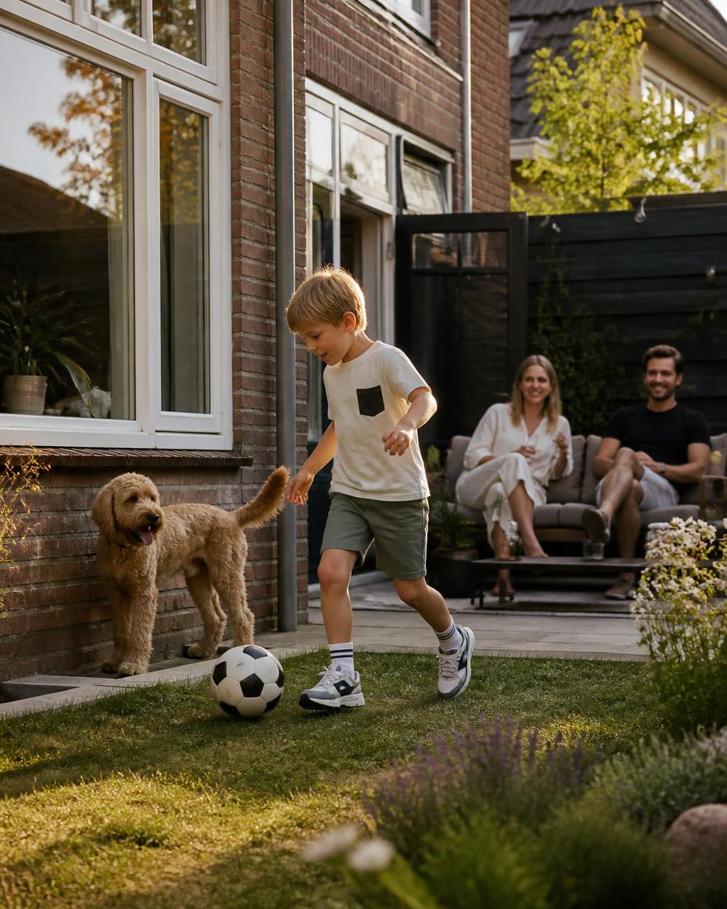 Kind voetbalt in de tuin met de hond erbij, ouders kijken toe