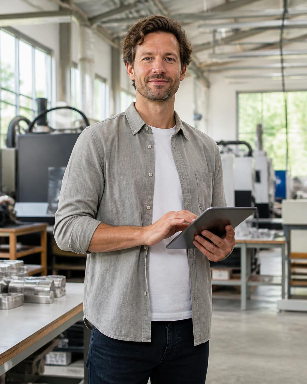 Ondernemer met tablet in zijn bedrijfshal