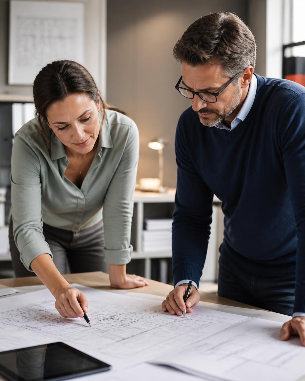 Adviseur en architect bekijken samen technische tekeningen