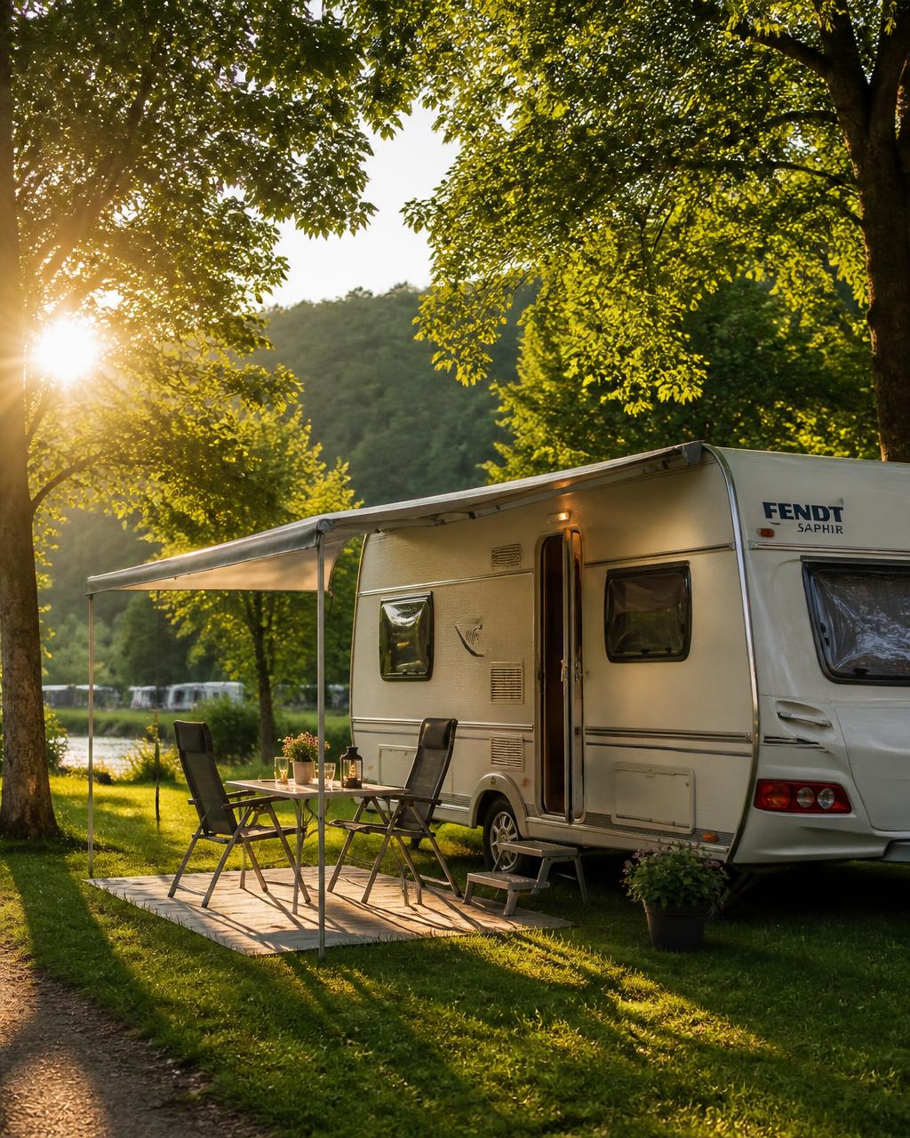 Caravan met voortent op een groene camping in de avondzon