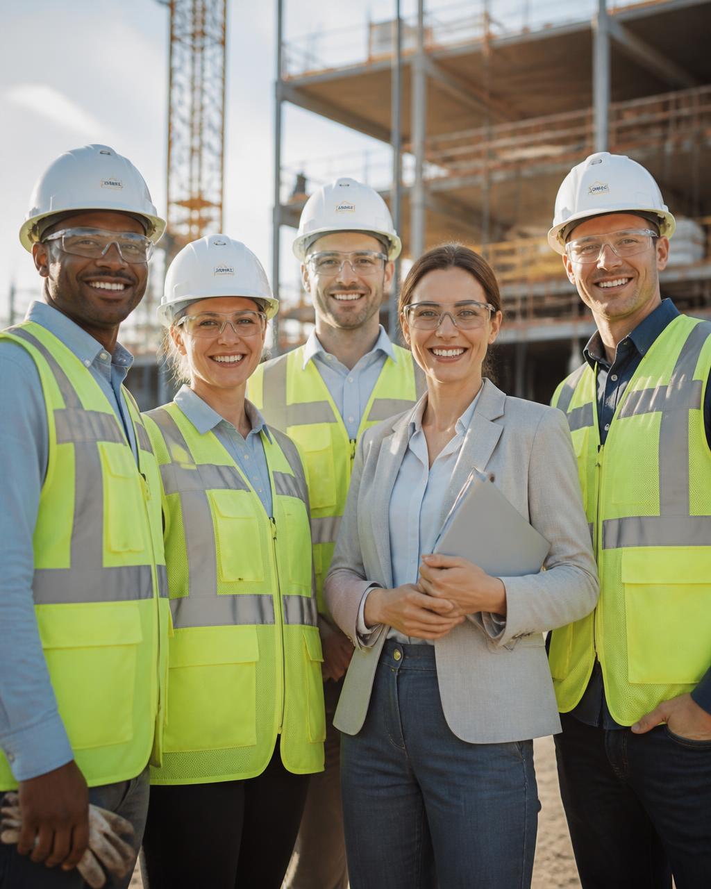 Team medewerkers met veiligheidsmiddelen op een werklocatie