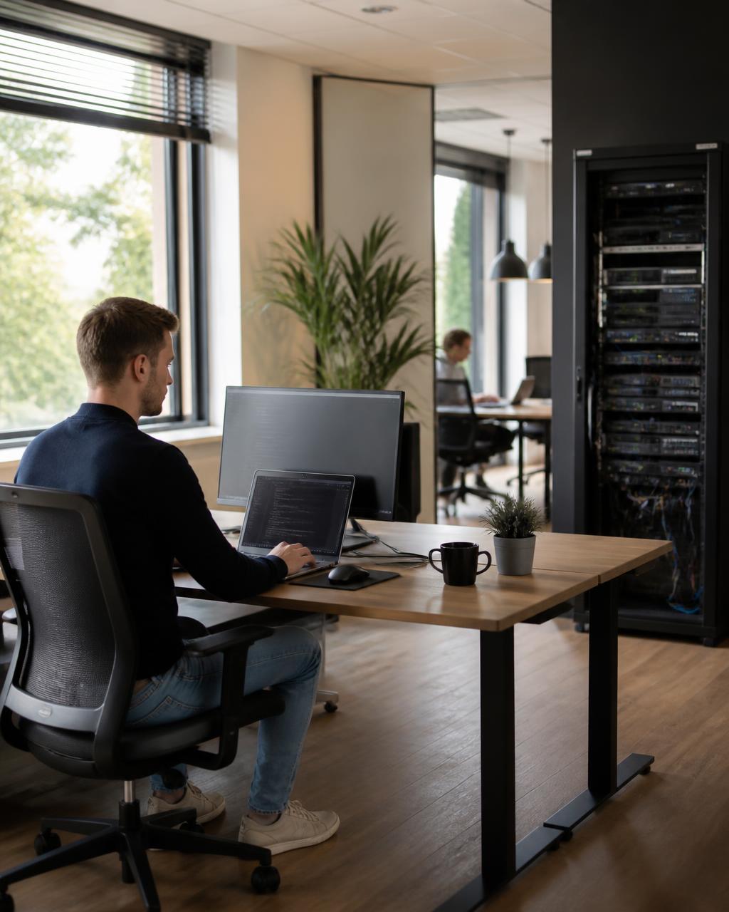 Medewerker aan het werk achter laptop en monitor in een moderne kantooromgeving
