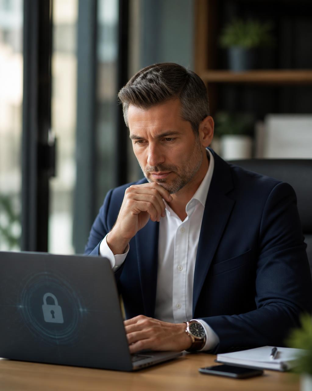 Ondernemer werkt achter een laptop met digitale beveiliging