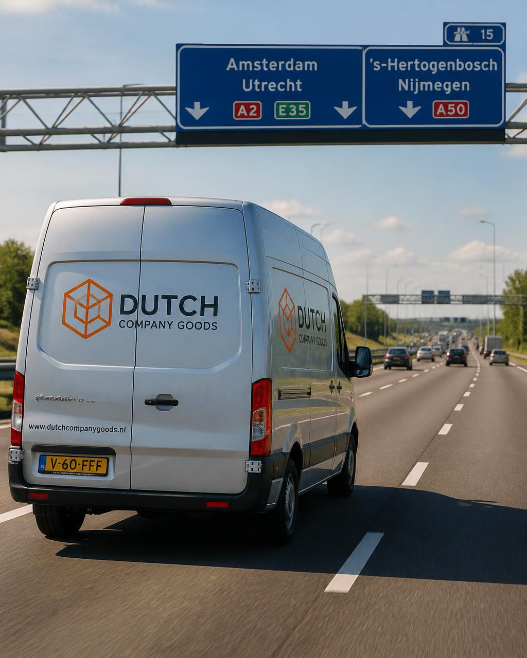 Bedrijfsbus met eigen goederen op de Nederlandse snelweg