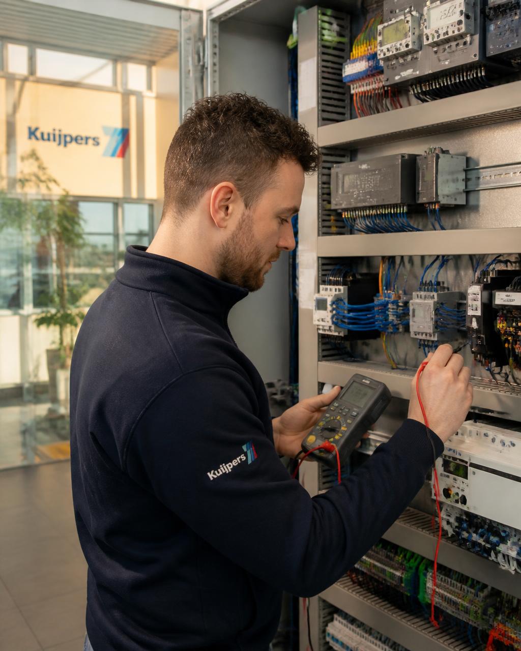 Technicus controleert elektronische apparatuur en installaties in een bedrijfsgebouw