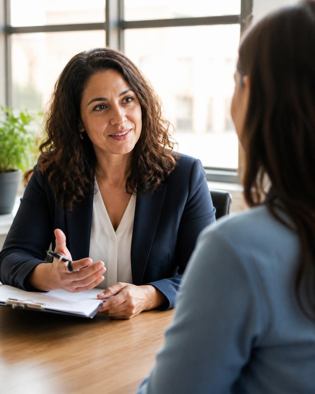 HR-adviseur in gesprek met een medewerker aan een kantoortafel