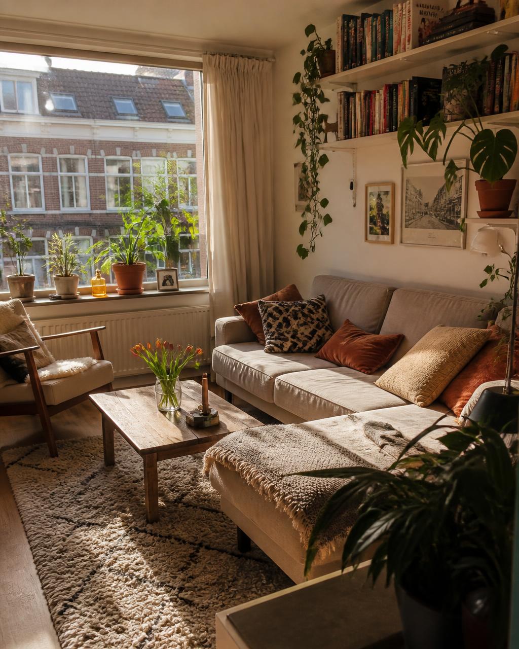 Gezellige woonkamer met bank, planten en persoonlijke bezittingen