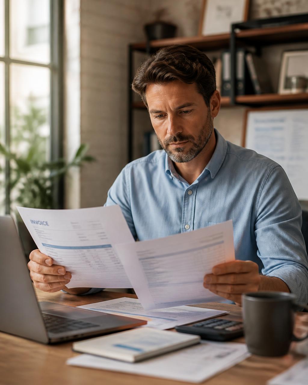 Ondernemer bekijkt facturen en financiële stukken aan zijn bureau