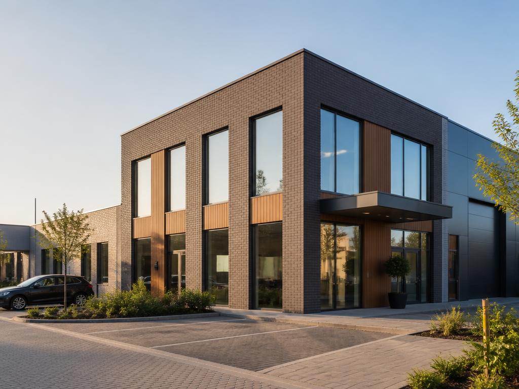 Modern bedrijfsgebouw met parkeerplaats