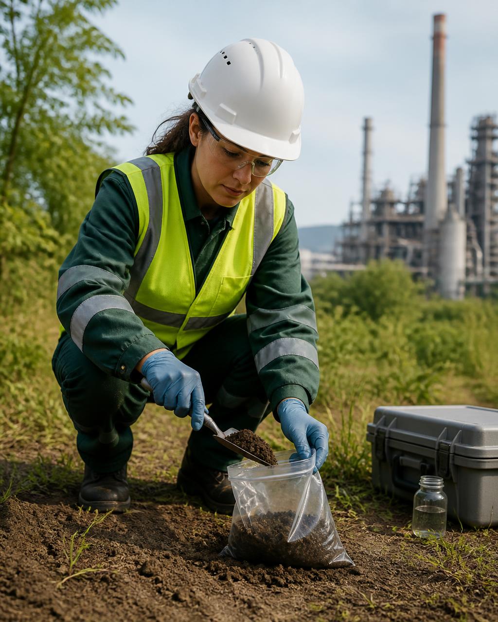 Milieutechnicus neemt een bodemmonster nabij een industrieterrein
