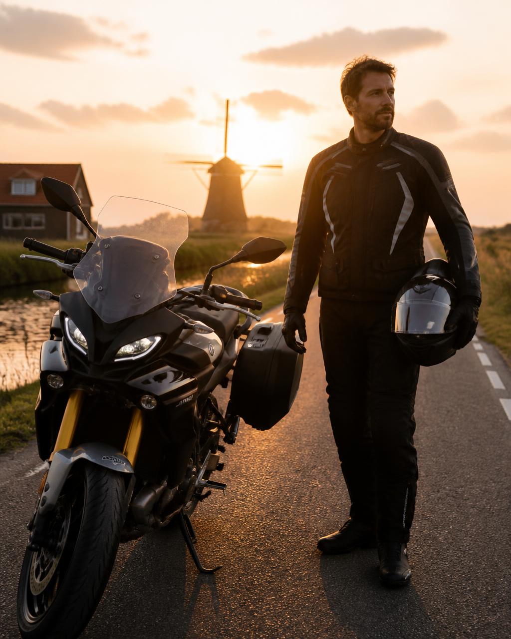 Motorrijder naast zijn motor op een Nederlandse weg bij zonsondergang