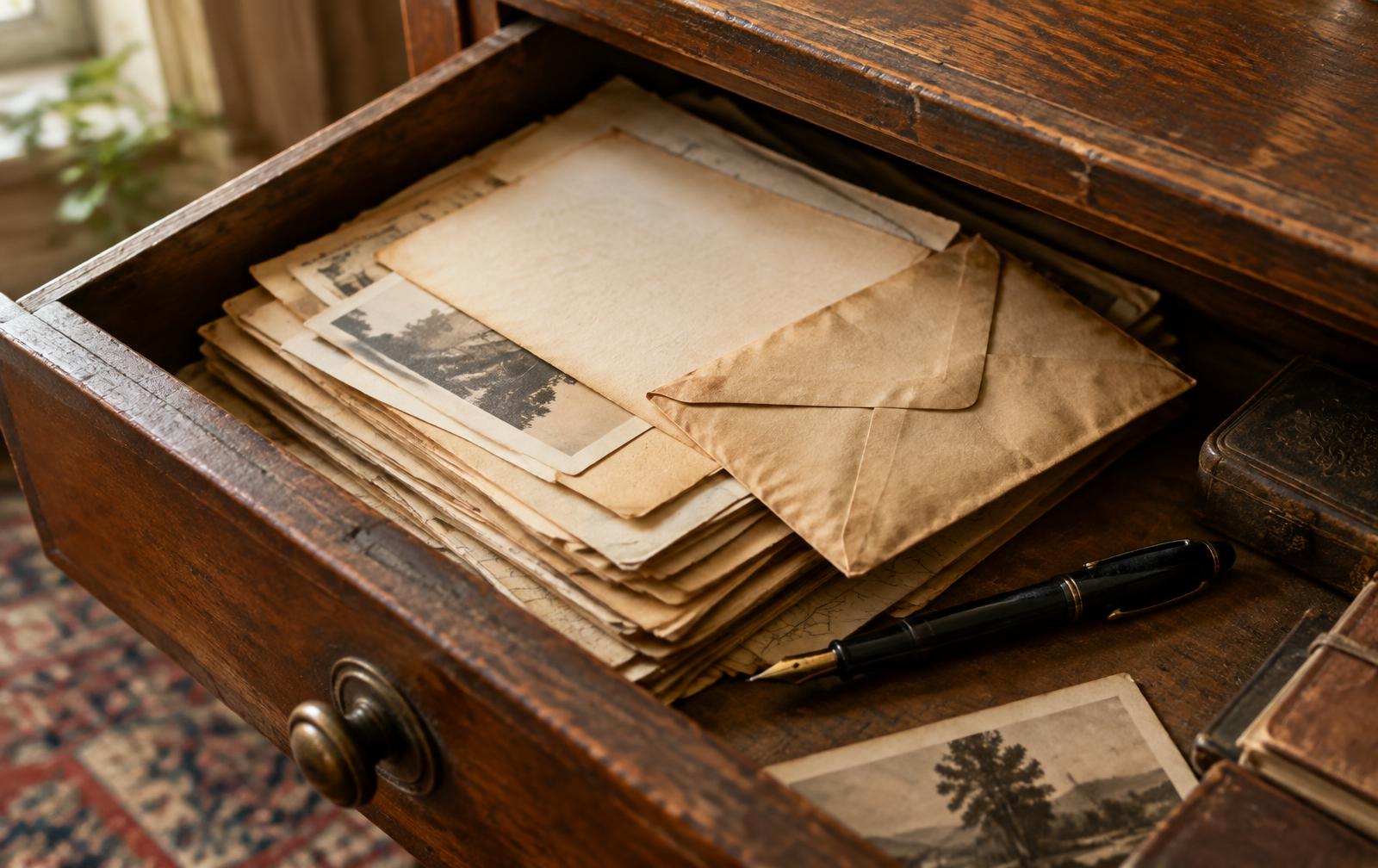 Oude papieren en een envelop in een houten bureaulade