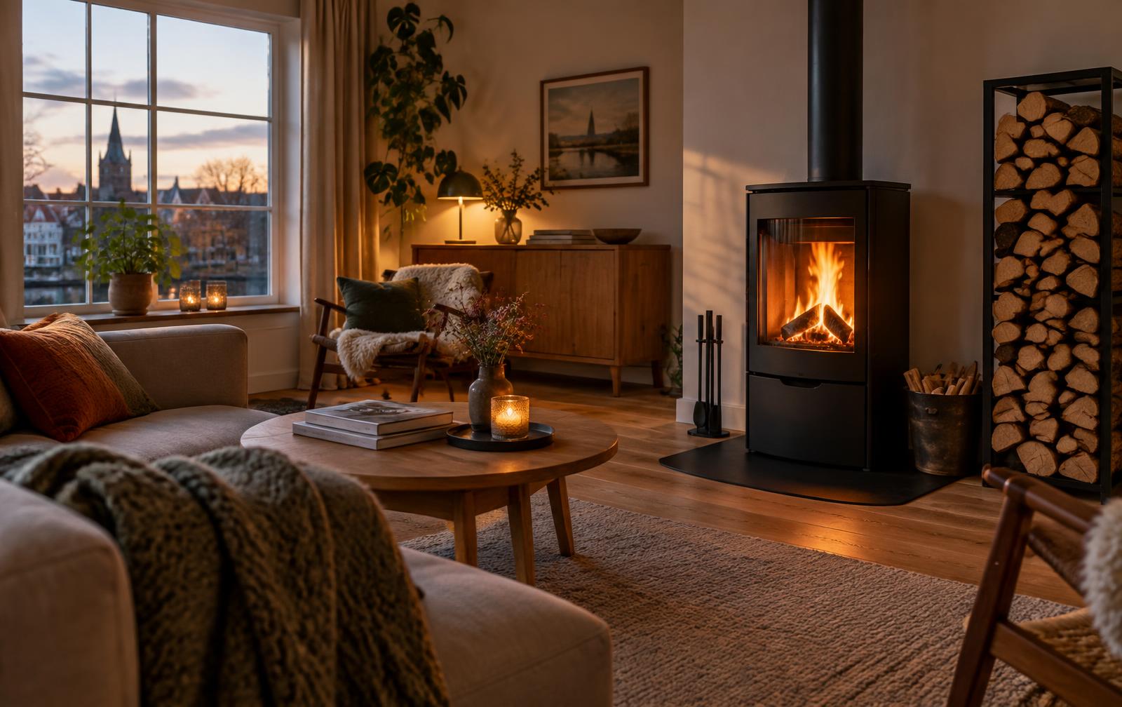 Houtkachel met vuur en een rek met droog haardhout in een woonkamer