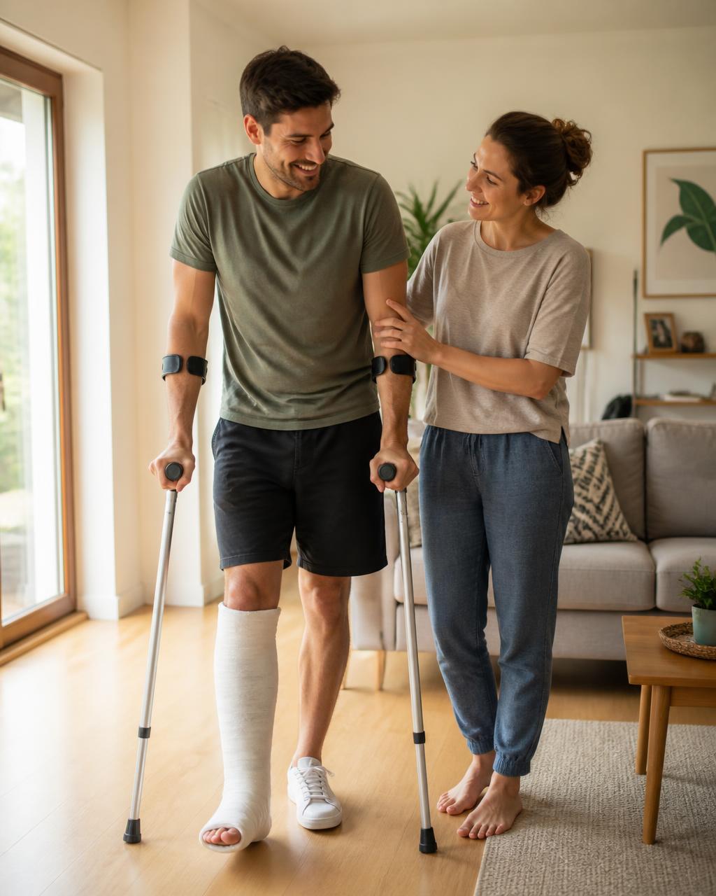 Man met krukken en gips thuis, partner helpt hem