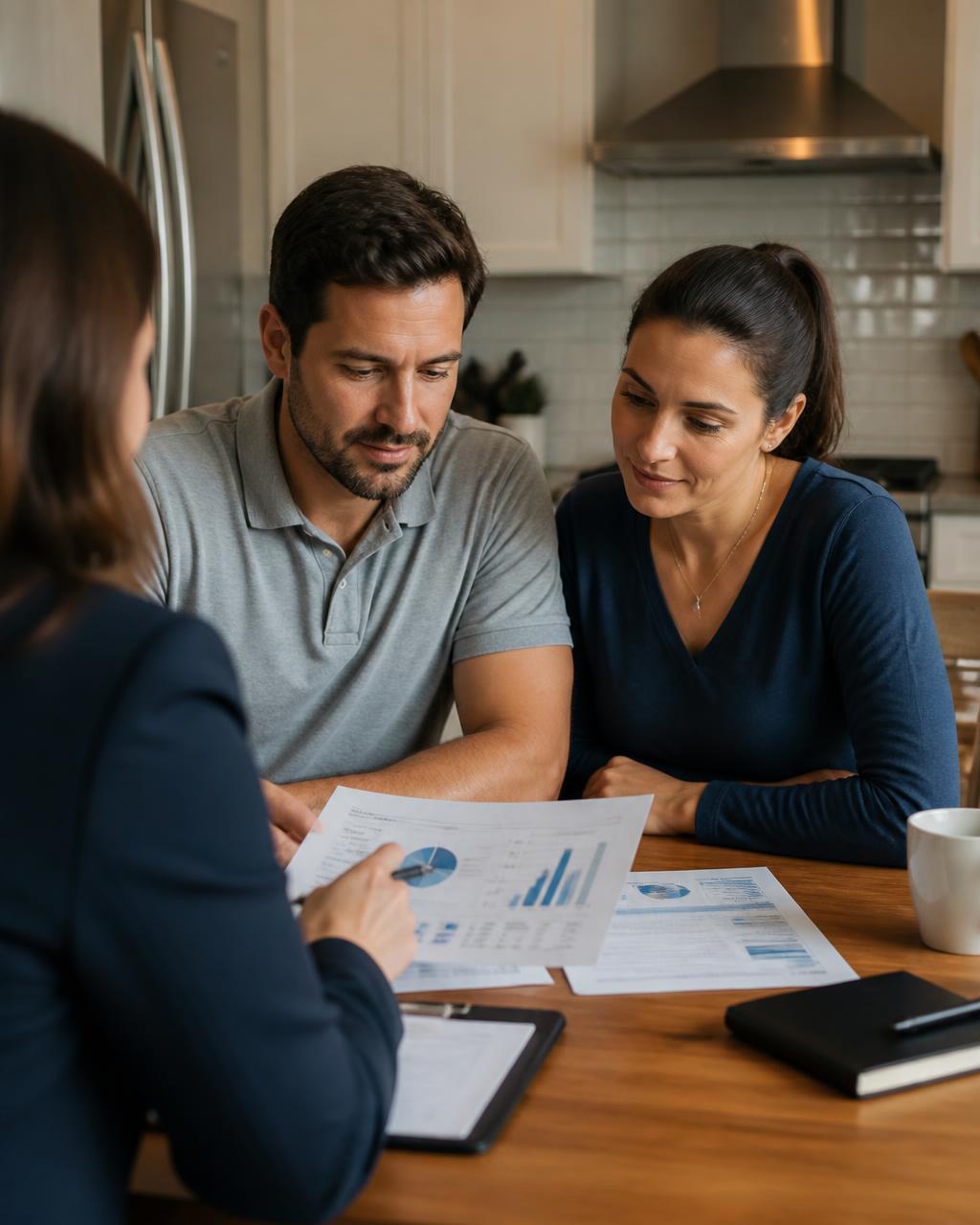 Adviseur bespreekt financiële plannen met een echtpaar aan de keukentafel