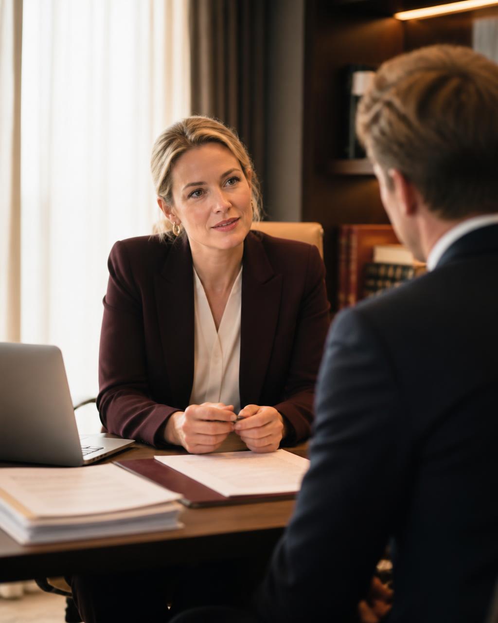 Ondernemer in gesprek met een jurist over een zakelijk conflict