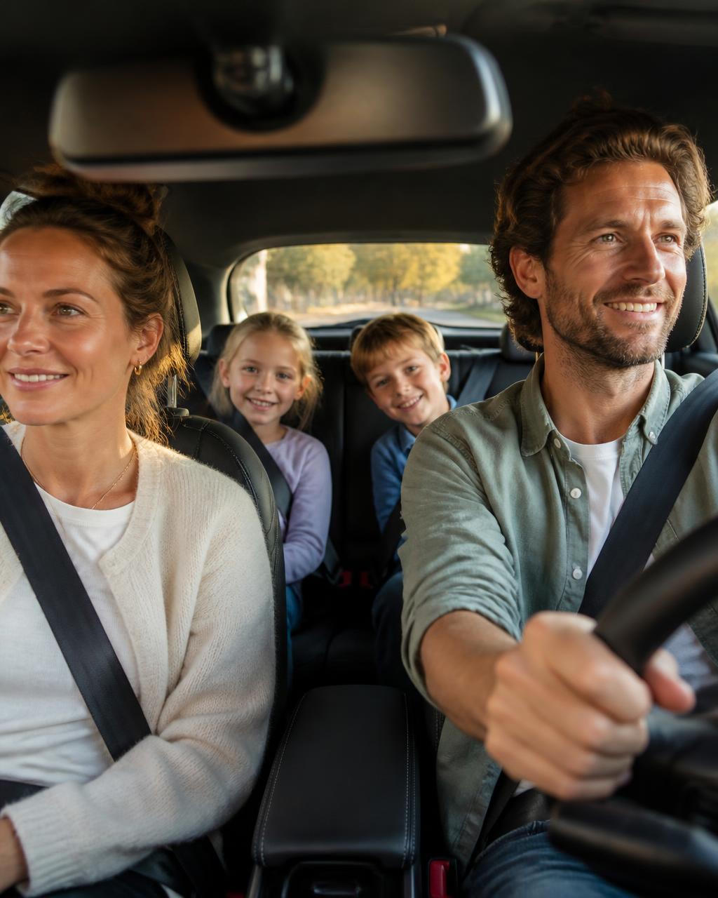 Gezin met kinderen veilig met de gordel om in de auto