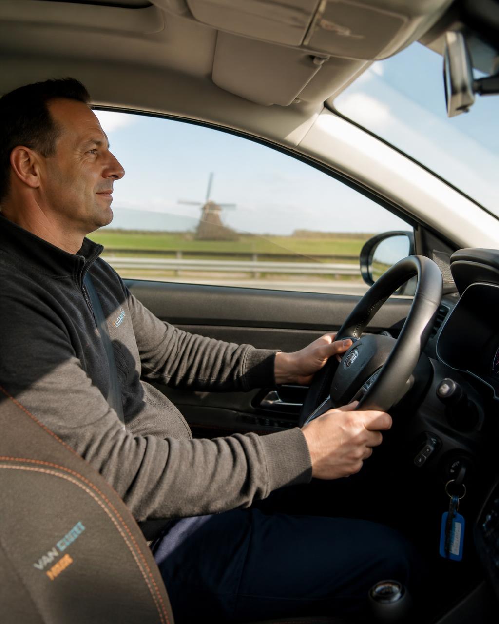 Medewerker rijdt in een bedrijfsauto op een Nederlandse weg