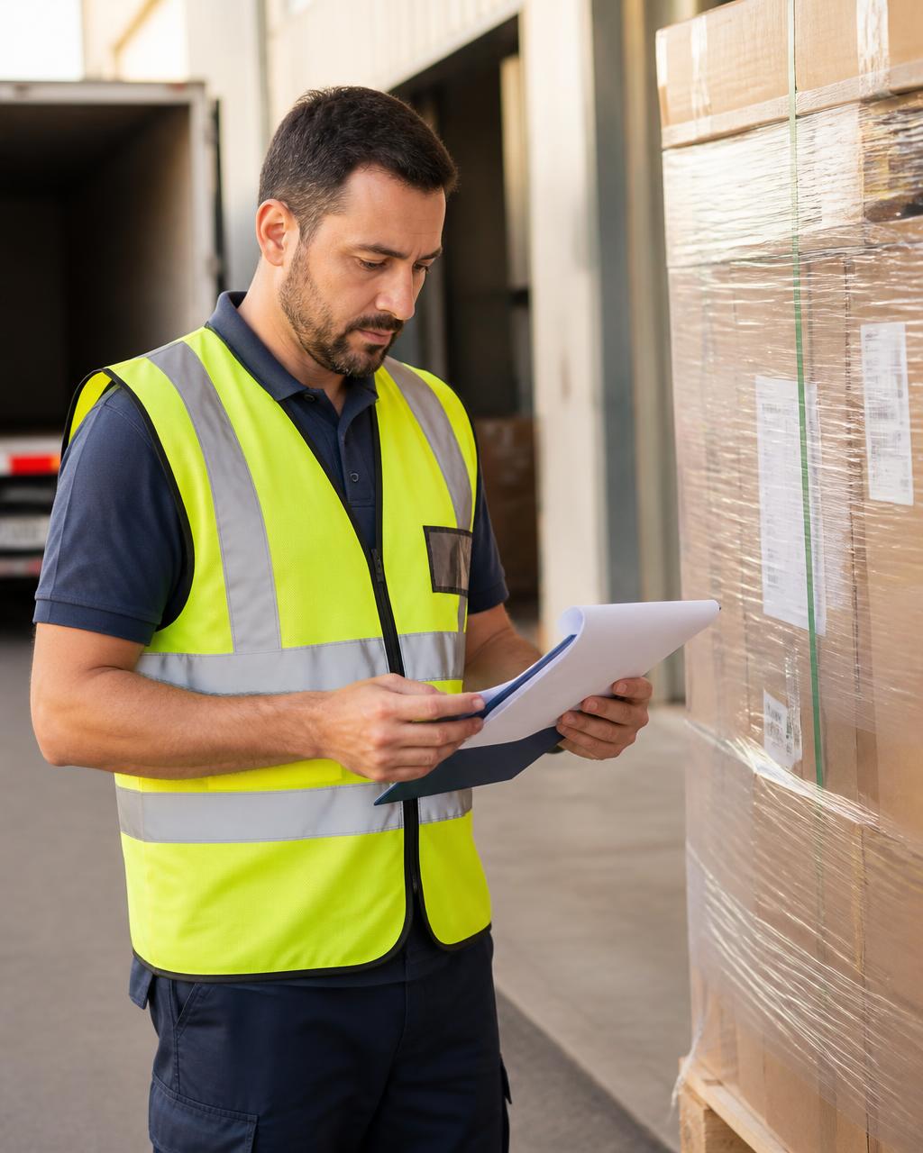 Logistiek medewerker controleert vrachtdocumenten bij pallets