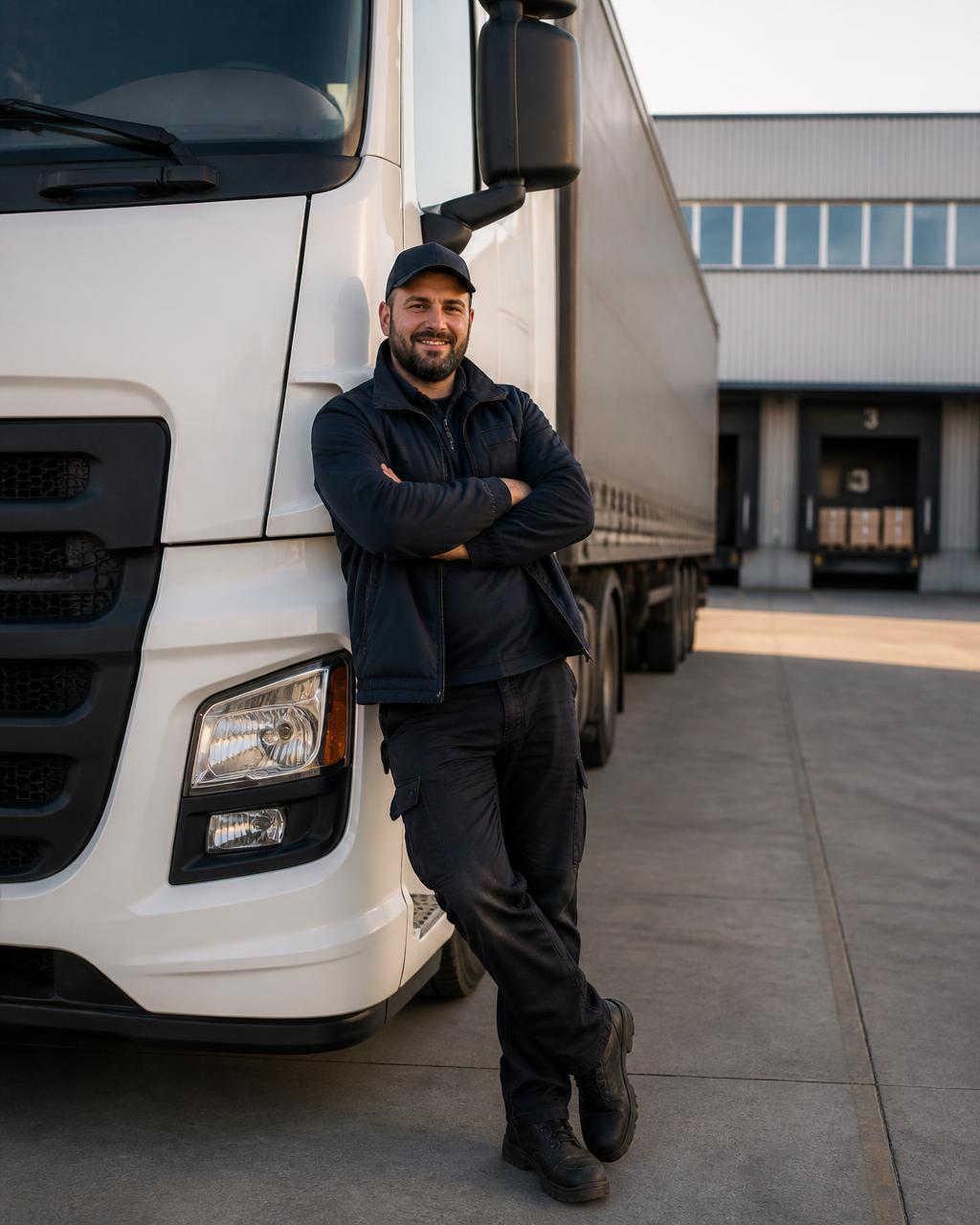 Vrachtwagenchauffeur bij een moderne vrachtwagen op een distributieterrein