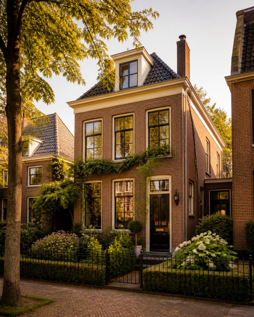 Nederlandse bakstenen woning met voortuin in het late middaglicht