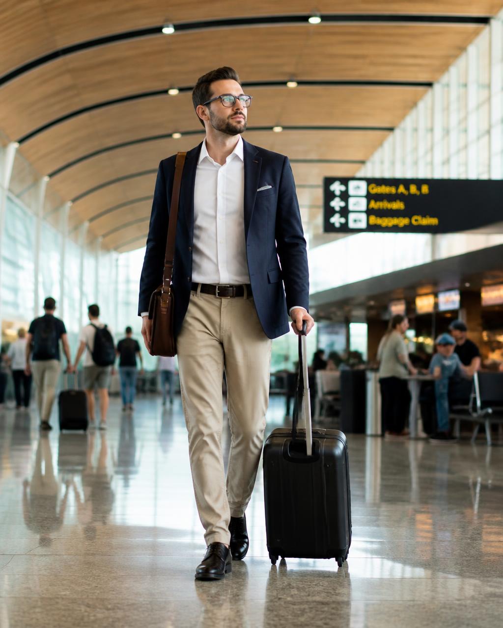 Zakenreiziger met koffer en laptoptas in een luchthaventerminal